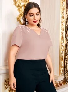 Modelyn 大碼珍珠釘珠上衣 - 藕粉色 - 查看 5