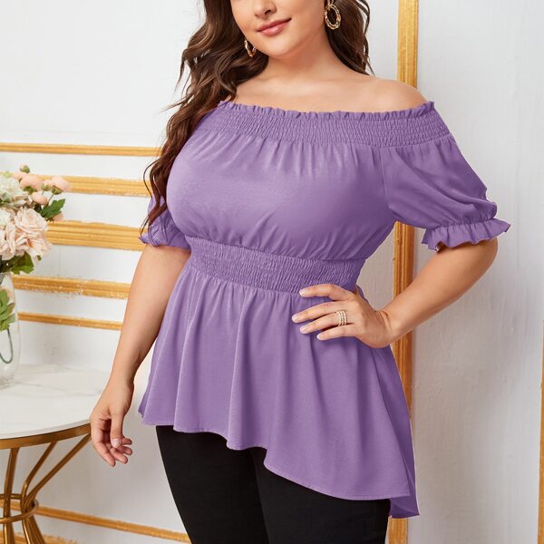 

Plus Shirred High Low Bardot Top, Mauve purple