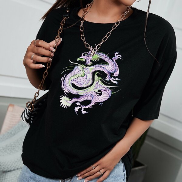 

Chinese Dragon Print Drop Shoulder Tee, Black
