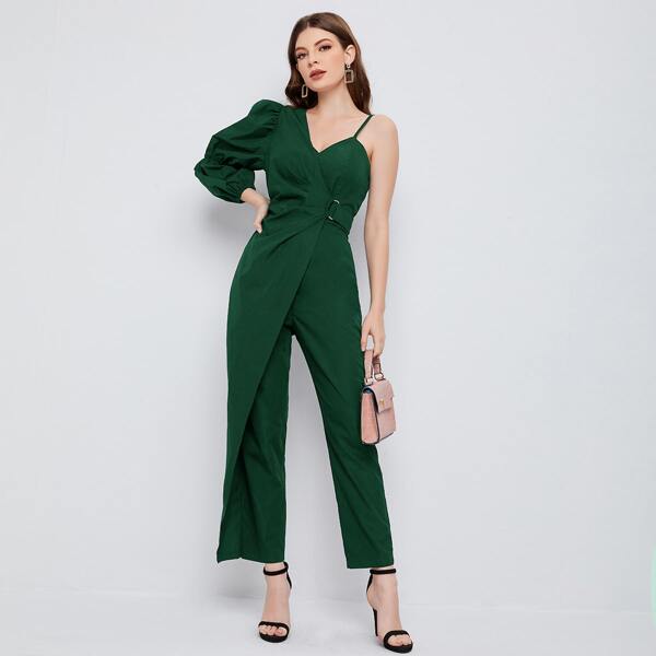 

Asymmetrical Neck Gathered Sleeve Jumpsuit, Dark green
