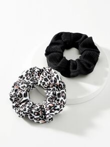2pcs Fashionable Solid Color And Leopard Print Hair Scrunchies - Multicolor - View 1