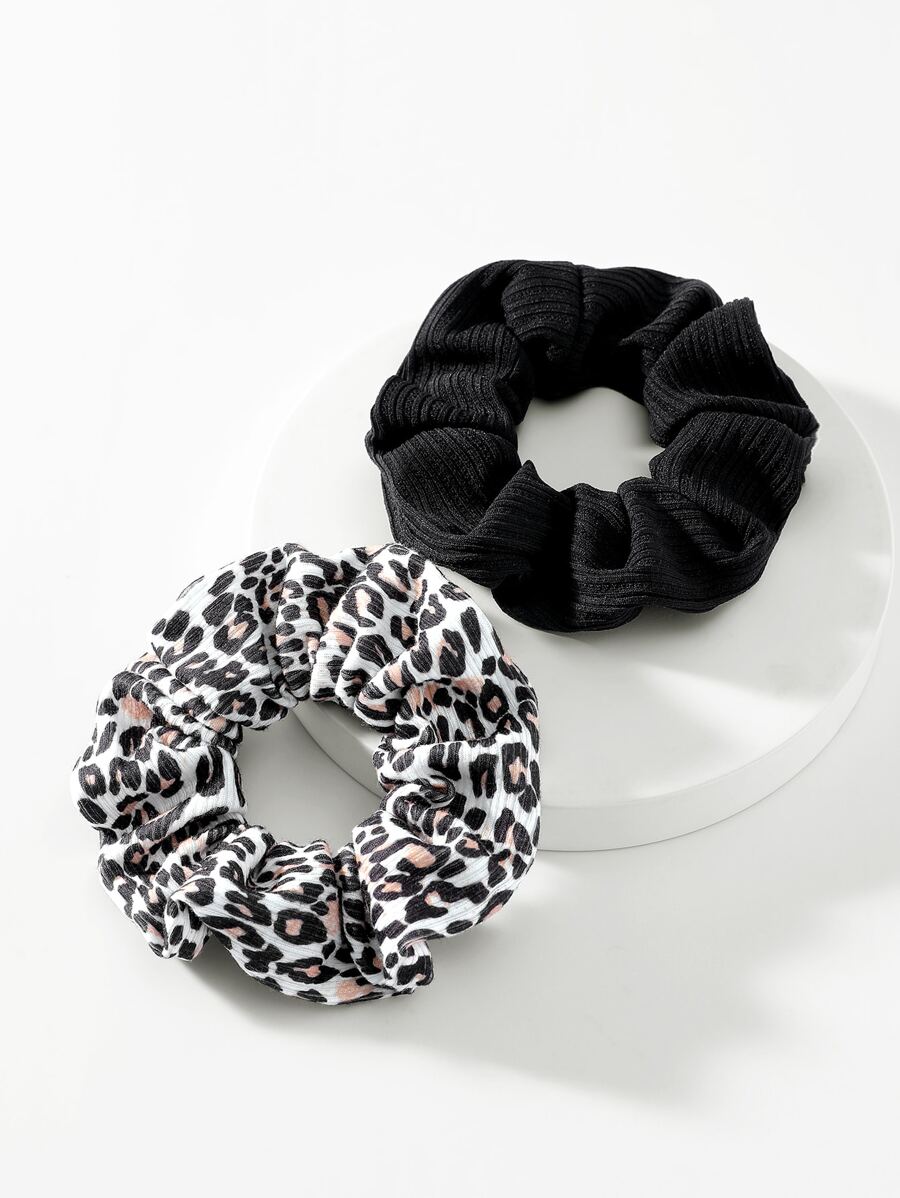 2pcs Fashionable Solid Color And Leopard Print Hair Scrunchies - Multicolor - View 1