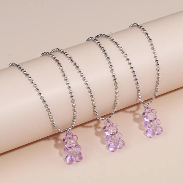 

3pcs Cartoon Bear Pendant Necklace, Purple