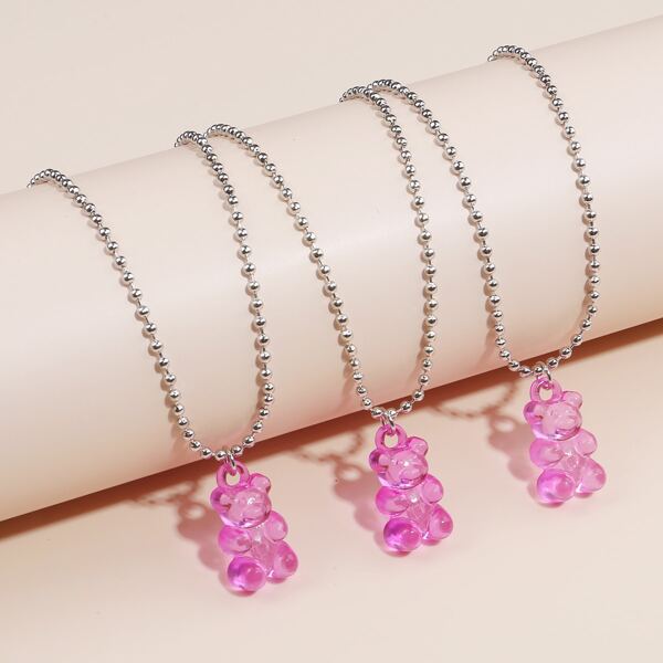 

3pcs Cartoon Bear Pendant Necklace, Hot pink