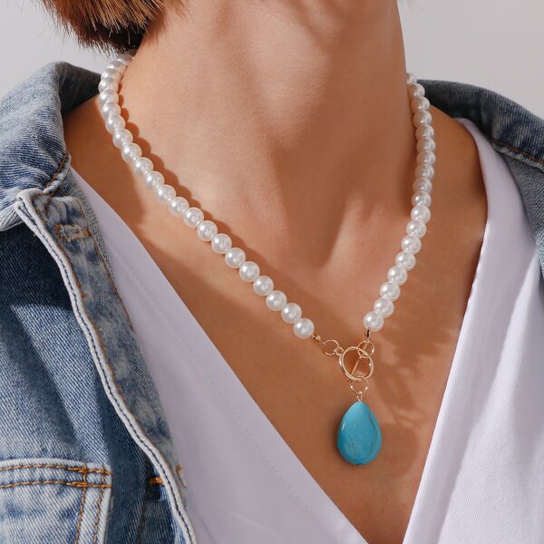

Stone Charm Faux Pearl Beaded Necklace, White
