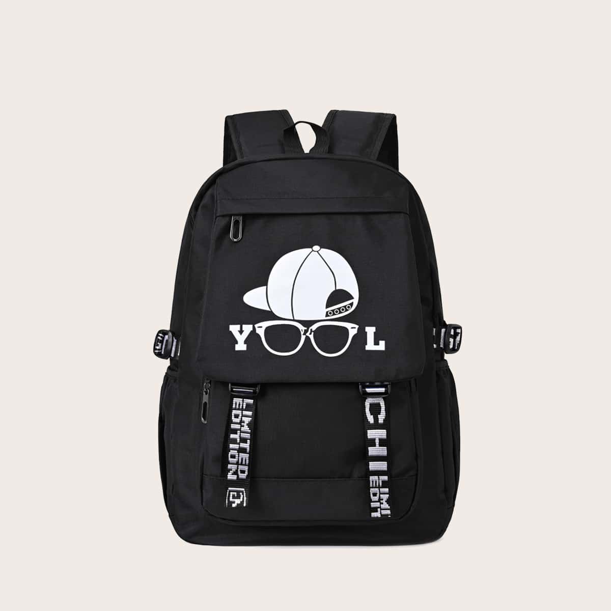 

Guys Cartoon & Letter Graphic Backpack, Black