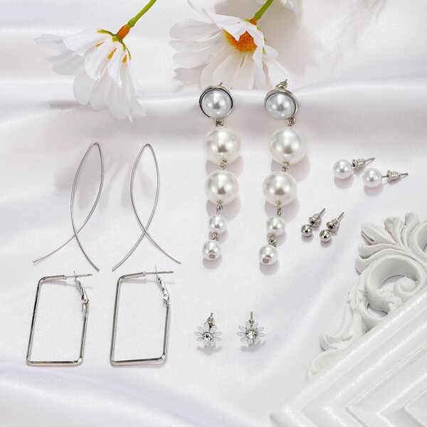 

6pairs Faux Pearl Decor Earrings, Silver