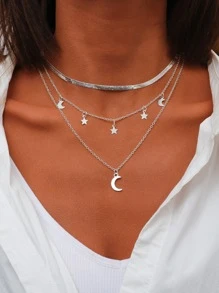 Star Pendant Layered Necklace - Silver - View 1