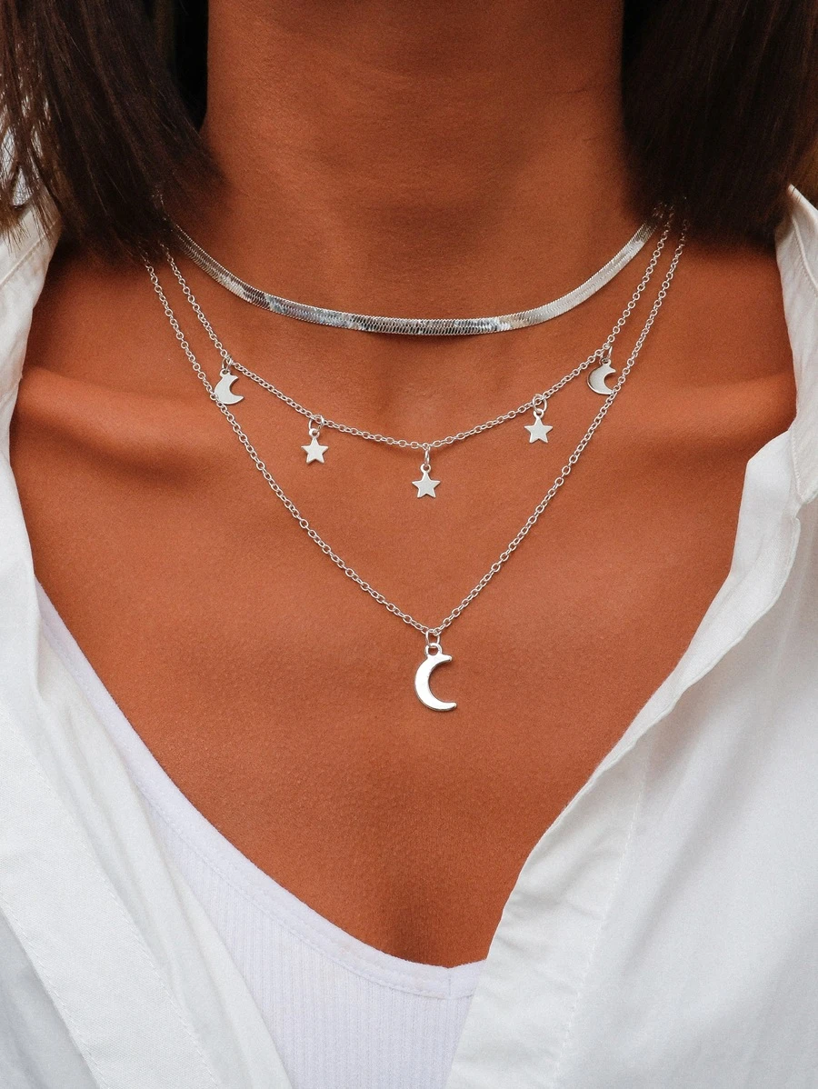 Star Pendant Layered Necklace - Silver - View 1