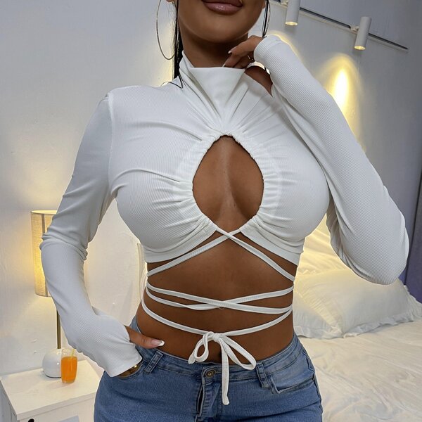 

Cut Out Lace-up Crop Tee, White