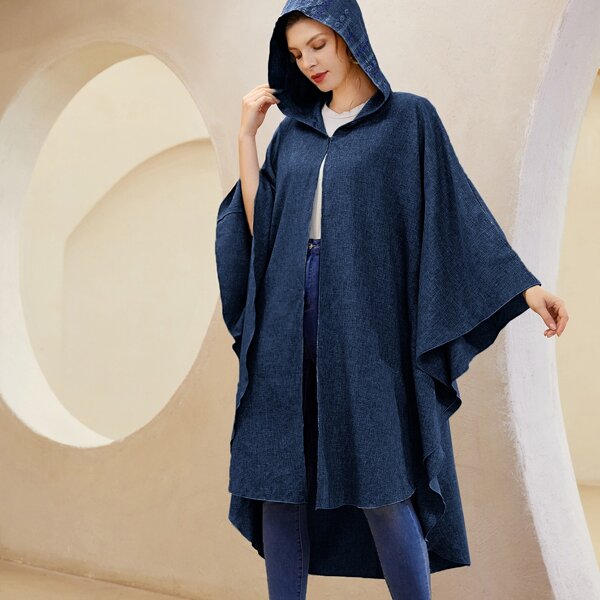 

Dip Hem Embroidery Hooded Blouse, Navy blue
