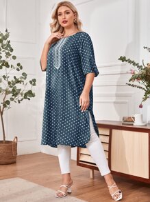 Mulvari Plus Polka Dot Contrast Lace Detail Split Hem Top - Dusty Blue - View 1
