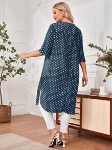 Mulvari Plus Polka Dot Contrast Lace Detail Split Hem Top - Dusty Blue - View 2