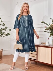 Mulvari Plus Polka Dot Contrast Lace Detail Split Hem Top - Dusty Blue - View 3