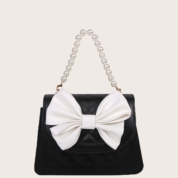 

Girls Bow & Pearls Decor Quilted Flap Square Bag, Black