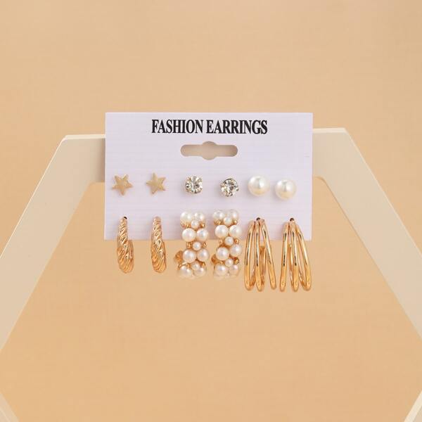 

6pairs Faux Pearl & Star Decor Earrings, Gold