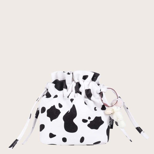 

Girls Cow Pattern Drawstring Bucket Bag, Black and white