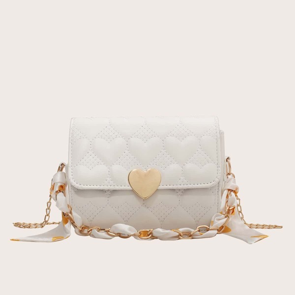 

Heart Embossed Scarf Decor Satchel Bag, White