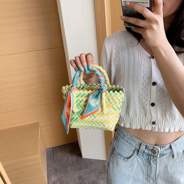 

Scarf Decor Colorblock Woven Bucket Bag, Multicolor