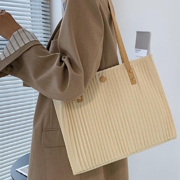 

Striped Textured Square Bag, Beige