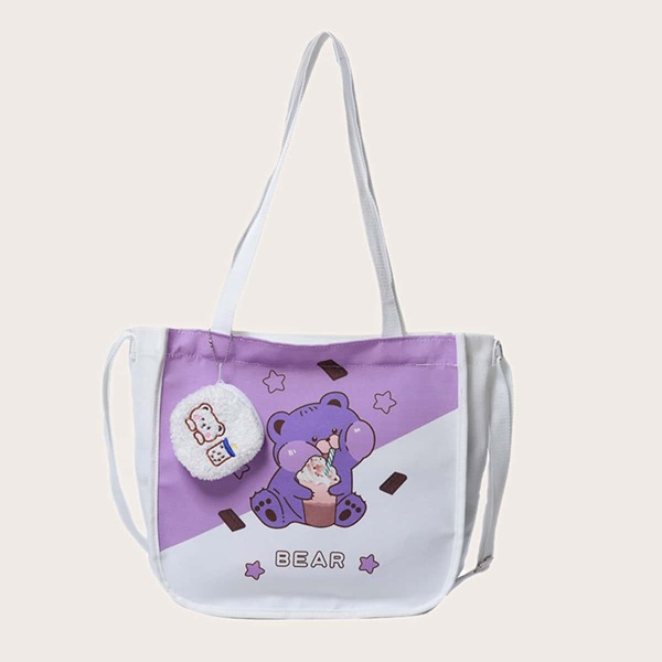 

Cartoon Graphic Shoulder Tote Bag With Coin Case, Multicolor