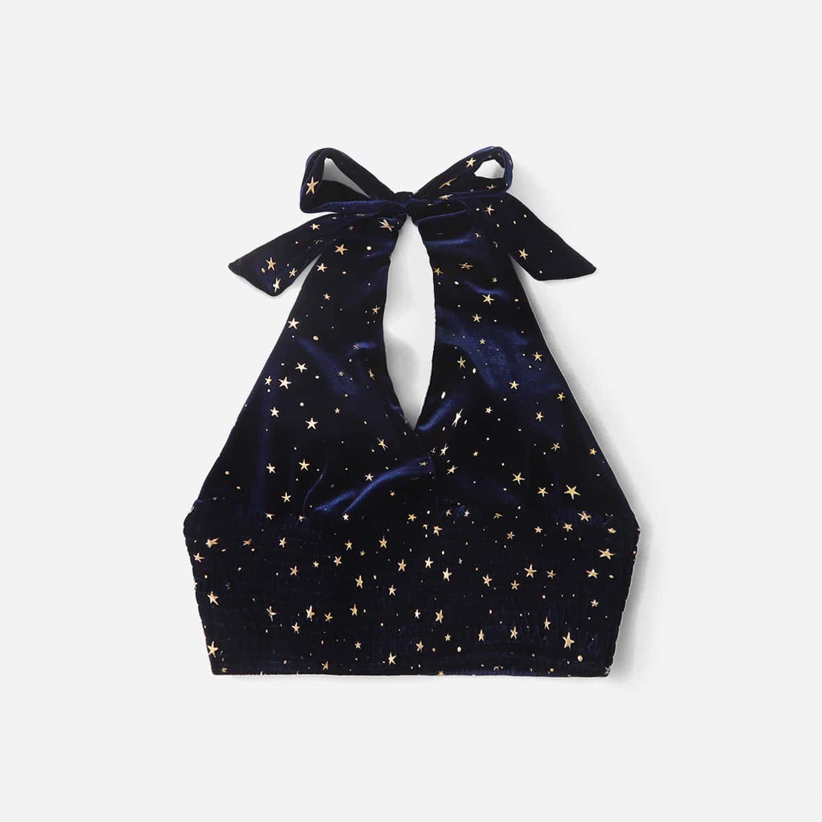

Galaxy Tie Neck Velvet Halter Top, Navy blue