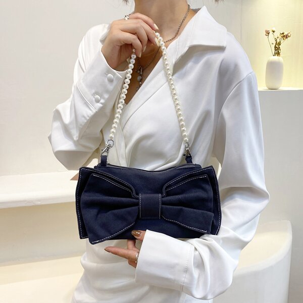

Bow & Pearls Decor Baguette Bag, Blue