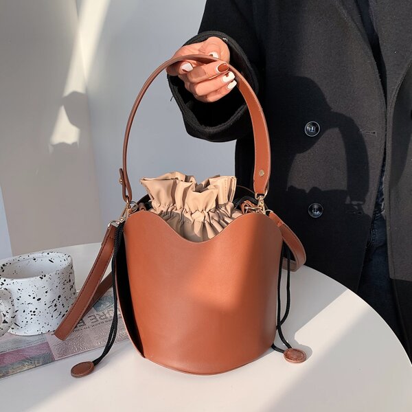 

Minimalist Drawstring Design Bucket Bag, Brown