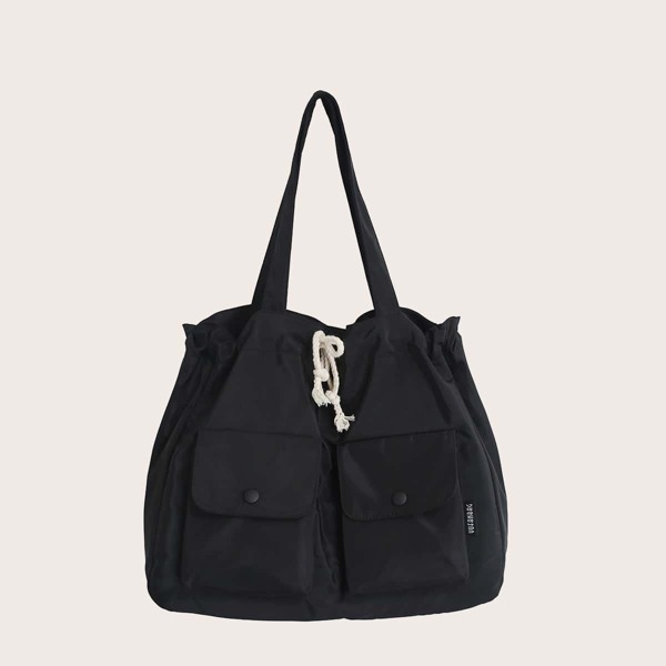 

Drawstring Detail Pocket Front Shoulder Tote Bag, Black