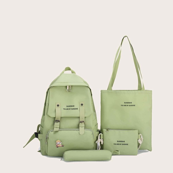 

4pcs Cartoon Decor Letter Graphic Backpack Set, Green