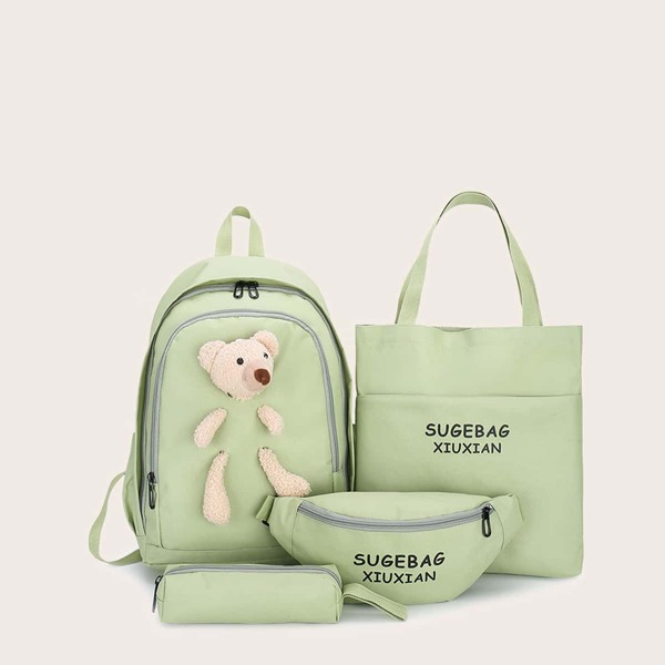 

4pcs Doll Decor Letter Graphic Backpack Set, Green