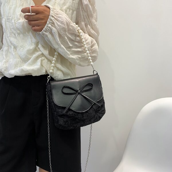 

Bow & Faux Pearl Decor Chain Shoulder Bag, Black