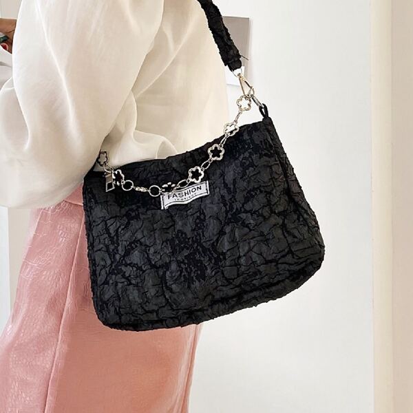 

Chain DecorTextured Shoulder Bag, Black