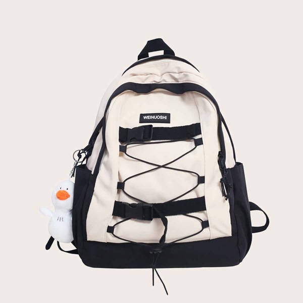 

Cartoon & Buckle Decor Large Capacity Backpack, Black and white