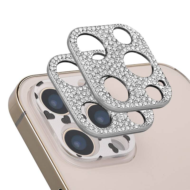 

1pc Heart Pattern & 2pcs Rhinestone Decor Camera Lens Tempered Film, Silver