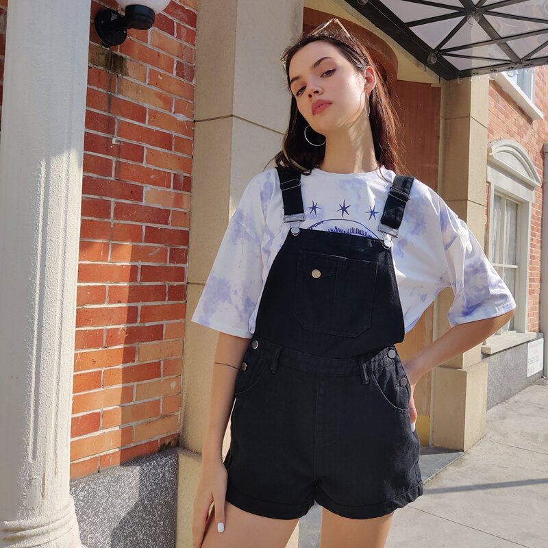 

Button Overall Denim Jumpsuit, Black