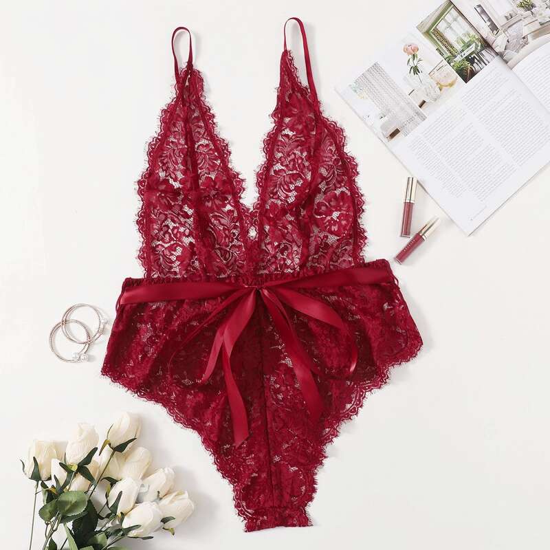 

Plus Floral Lace Knot Front Romper Bodysuit, Burgundy