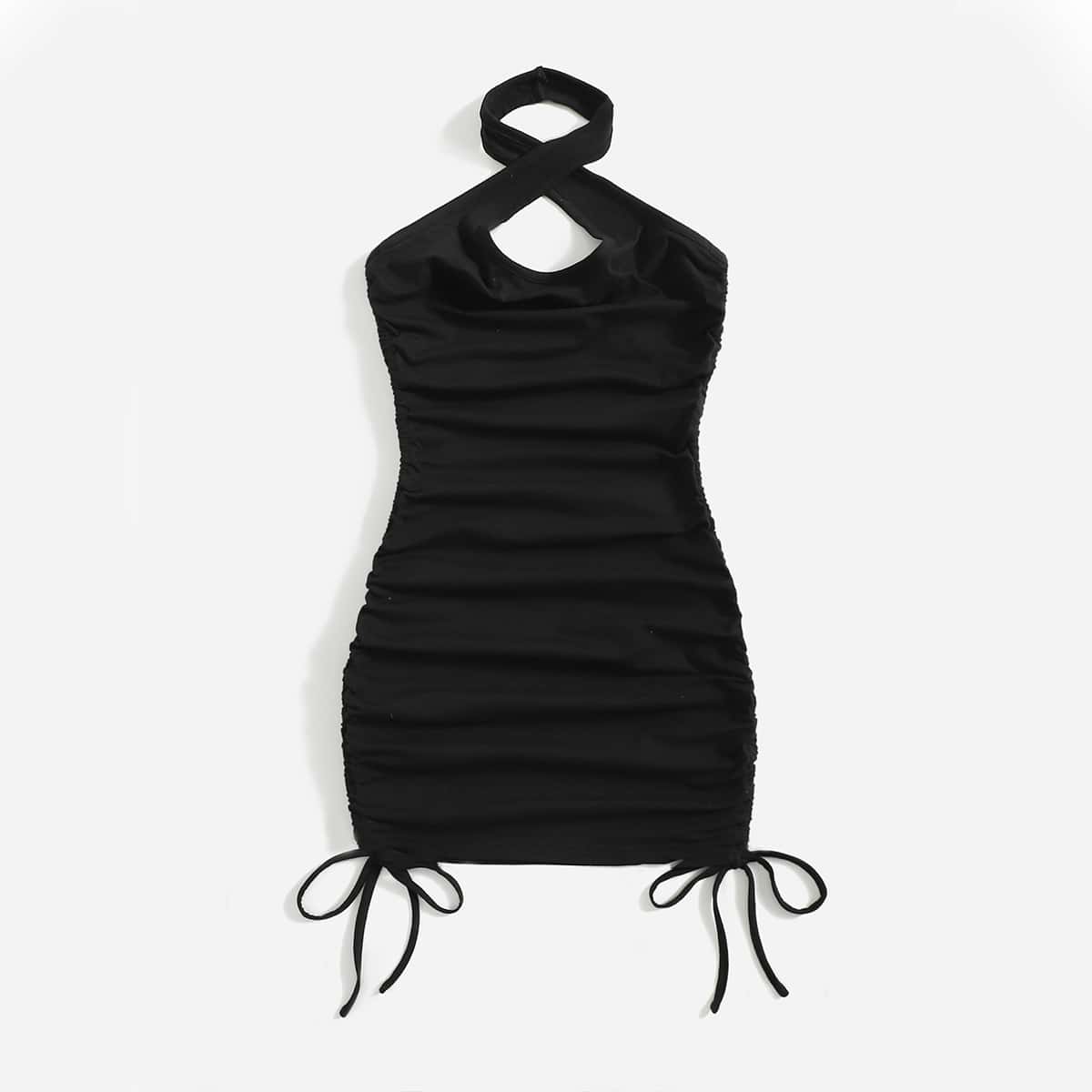 

Solid Halter Drawstring Ruched Bodycon Dress, Black