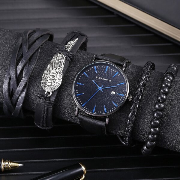 

1pc Round Pointer Date Quartz Watch & 4pcs Bracelet