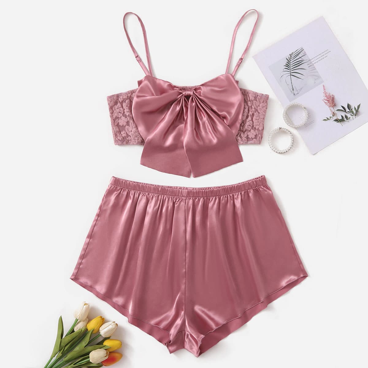 

Plus Big Bow Lace Cami Top & Satin Shorts Night Set, Dusty pink