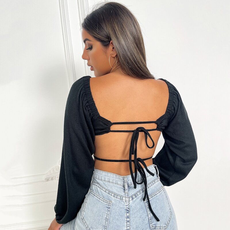 

Scoop Neck Tie Backless Crop Blouse, Black
