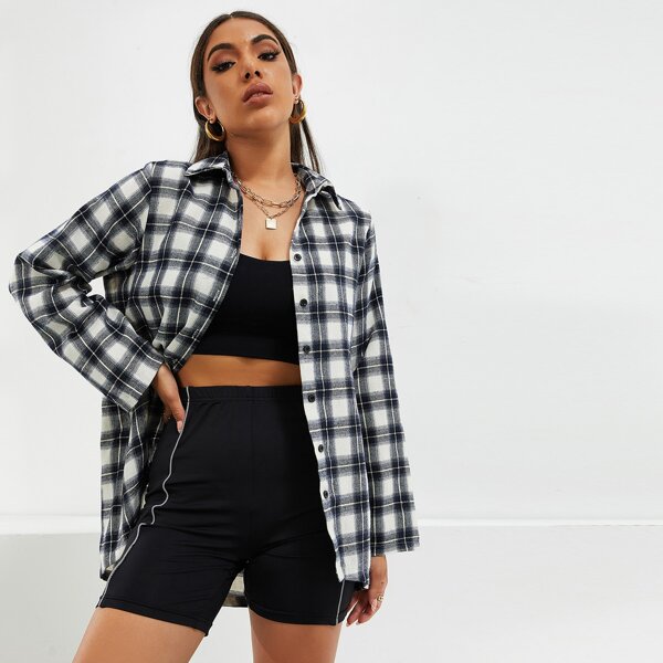 

Plaid Collared Button Up Blouse, Black and white