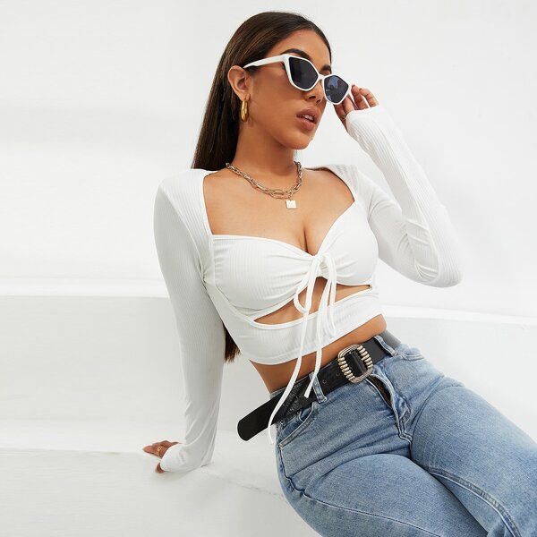 

Ribbed Knit Knot Front Cut Out Crop Tee, White