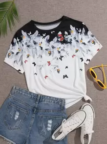 SHEIN LUNE Áo thun Plus size Thú vật Hoa Giải trí - trắng - Xem 1