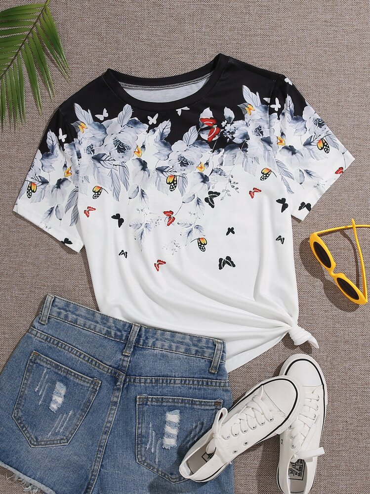SHEIN LUNE 大碼蝴蝶和雛菊圖案T恤 - 白色 - 查看 1