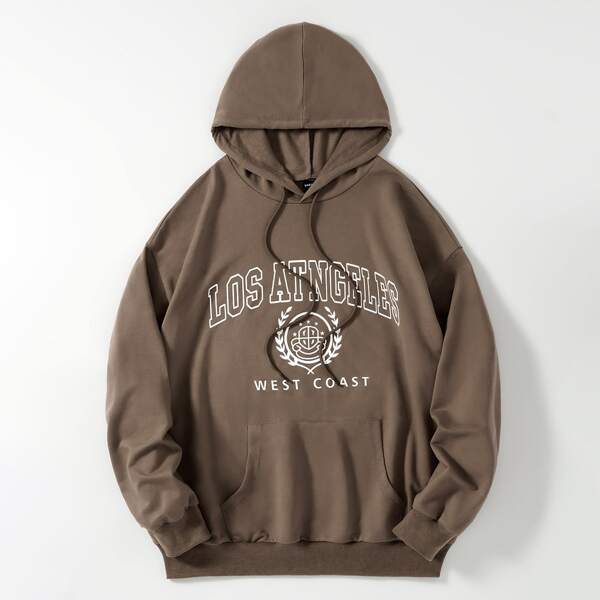 

Letter Graphic Kangaroo Pocket Hoodie, Mocha brown