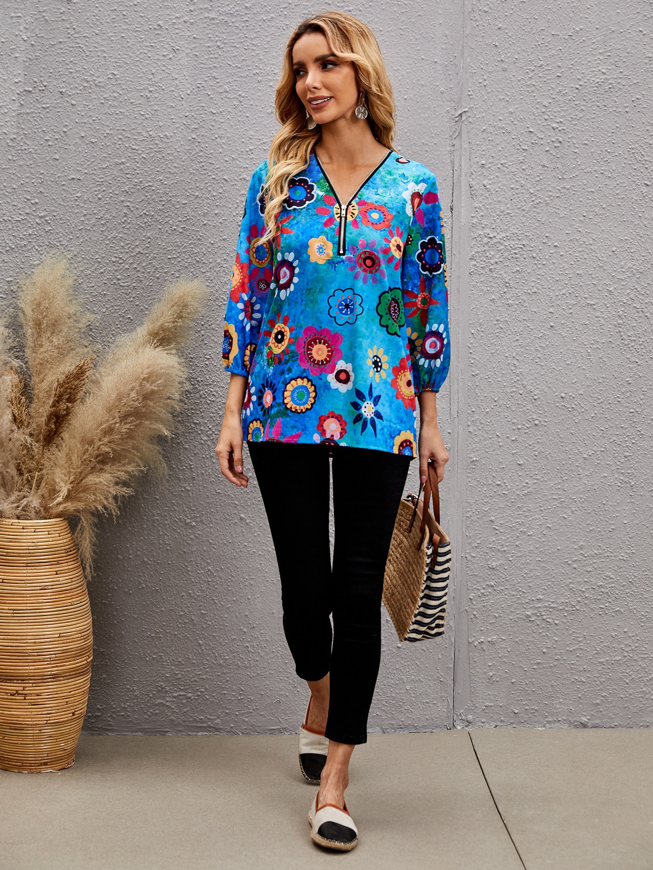 Floral Print Half Zip Blouse SHEIN USA
