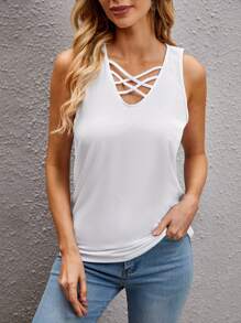 EMERY ROSE Top tank con tira cruzada delantera unicolor - Blanco - Ver 1