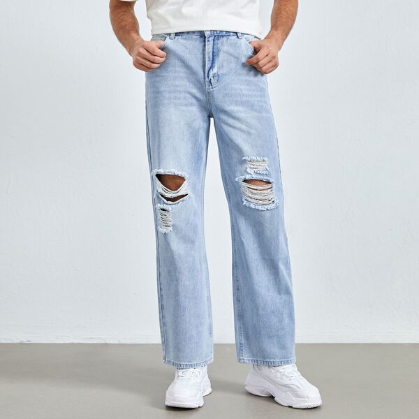 

Men Ripped Straight Leg Jeans, Light wash