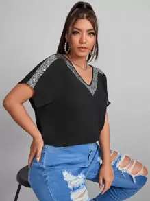 SHEIN Essnce Top de manga murciélago con lentejuela en contraste - Negro - Ver 1